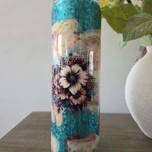 Teal and Cream Floral Candle Holder